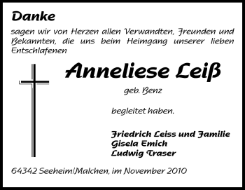 Traueranzeige von Anneliese Leiß von Echo-Zeitungen (Gesamtausgabe)