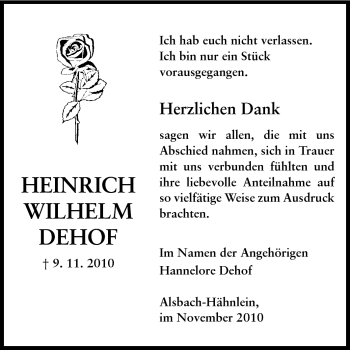 Traueranzeige von Heinrich Wilhelm Dehof von Echo-Zeitungen (Gesamtausgabe)