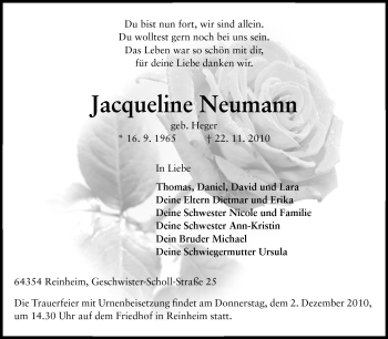 Traueranzeige von Jacqueline Neumann von Darmstädter Echo, Odenwälder Echo, Rüsselsheimer Echo, Groß-Gerauer-Echo, Ried Echo