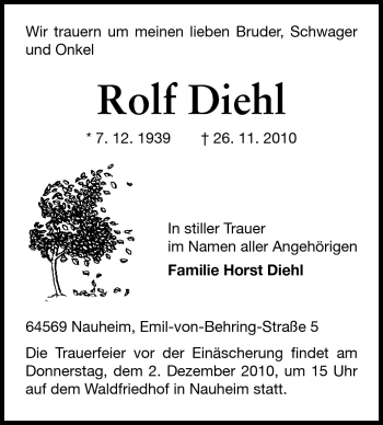 Traueranzeige von Rolf Diehl von Rüsselsheimer Echo, Groß-Gerauer-Echo, Ried Echo