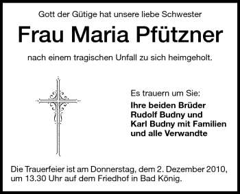 Traueranzeige von Maria Pfützner von Odenwälder Echo
