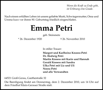 Traueranzeige von Emma Petri von Rüsselsheimer Echo, Groß-Gerauer-Echo, Ried Echo