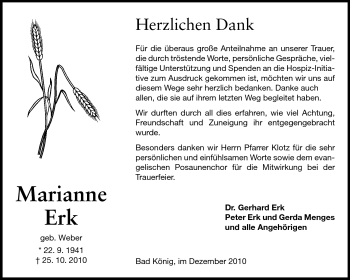 Traueranzeige von Marianne Erk von Odenwälder Echo