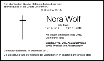 Traueranzeige von Nora Wolf von Darmstädter Echo, Odenwälder Echo, Rüsselsheimer Echo, Groß-Gerauer-Echo, Ried Echo