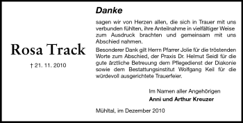 Traueranzeige von Rosa Track von Darmstädter Echo, Odenwälder Echo, Rüsselsheimer Echo, Groß-Gerauer-Echo, Ried Echo