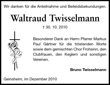 Traueranzeige von Waltraud Twisselmann von Rüsselsheimer Echo, Groß-Gerauer-Echo, Ried Echo