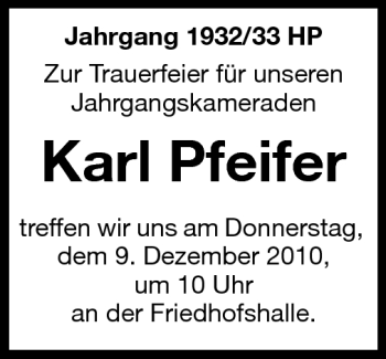 Traueranzeige von Karl Pfeifer von Starkenburger Echo