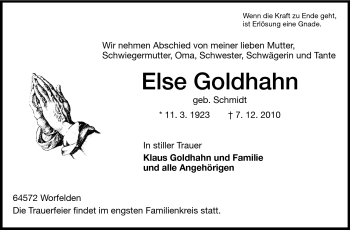 Traueranzeige von Else Goldhahn von Rüsselsheimer Echo, Groß-Gerauer-Echo, Ried Echo