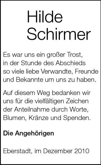 Traueranzeige von Hilde Schirmer von Darmstädter Echo, Odenwälder Echo, Rüsselsheimer Echo, Groß-Gerauer-Echo, Ried Echo