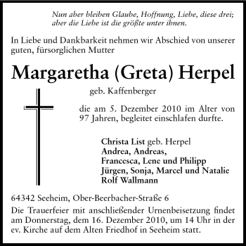Traueranzeige von Margaretha Herpel von Echo-Zeitungen (Gesamtausgabe)