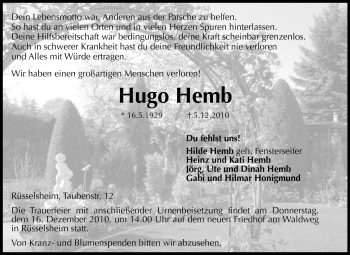 Traueranzeige von Hugo Hemb von Rüsselsheimer Echo, Groß-Gerauer-Echo, Ried Echo