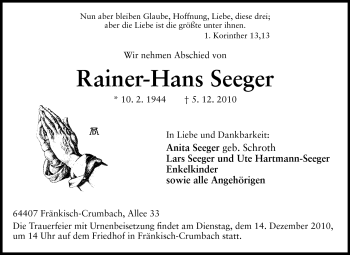 Traueranzeige von Rainer-Hans Seeger von Darmstädter Echo, Odenwälder Echo, Rüsselsheimer Echo, Groß-Gerauer-Echo, Ried Echo