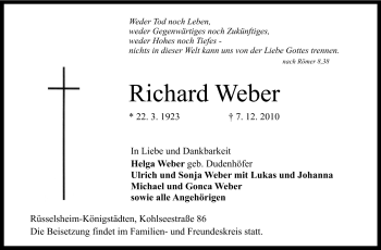 Traueranzeige von Weber Richard von Rüsselsheimer Echo, Groß-Gerauer-Echo, Ried Echo