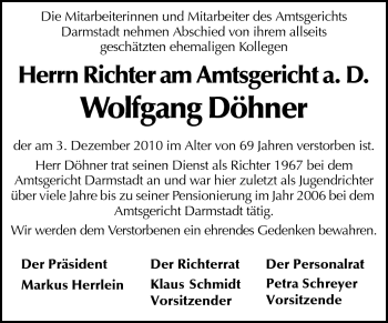 Traueranzeige von Wolfgang Döhner von Darmstädter Echo, Odenwälder Echo, Rüsselsheimer Echo, Groß-Gerauer-Echo, Ried Echo