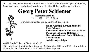 Traueranzeige von Georg Peter Schiemer von Echo-Zeitungen (Gesamtausgabe)