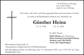 Traueranzeige von Günther Heinz von Rüsselsheimer Echo, Groß-Gerauer-Echo, Ried Echo