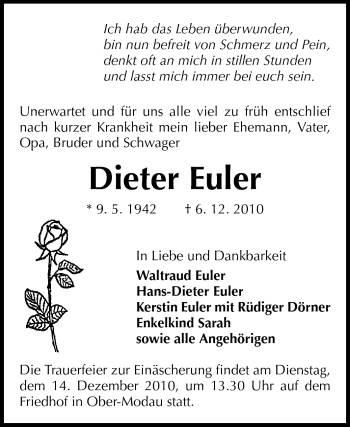Traueranzeige von Dieter Euler von Darmstädter Echo, Odenwälder Echo, Rüsselsheimer Echo, Groß-Gerauer-Echo, Ried Echo