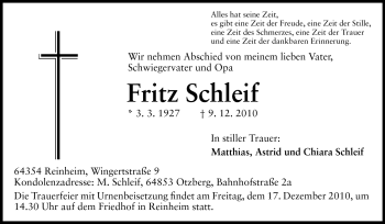 Traueranzeige von Fritz Schleif von Darmstädter Echo, Odenwälder Echo, Rüsselsheimer Echo, Groß-Gerauer-Echo, Ried Echo