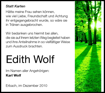 Traueranzeige von Edith Wolf von Odenwälder Echo