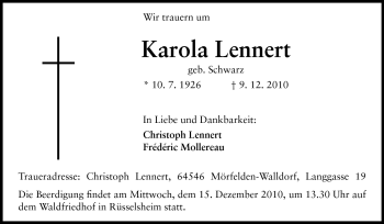 Traueranzeige von Karola Lennert von Rüsselsheimer Echo, Groß-Gerauer-Echo, Ried Echo