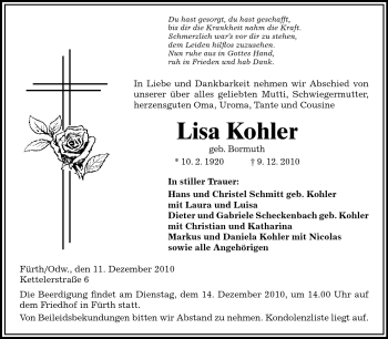 Traueranzeige von Lisa Kohler von Odenwälder Echo
