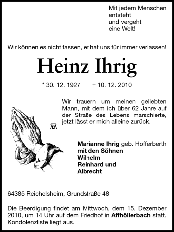 Traueranzeige von Heinz Ihrig von Odenwälder Echo