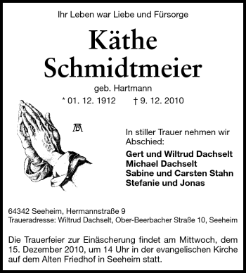 Traueranzeige von Käthe Schmidtmeier von Echo-Zeitungen (Gesamtausgabe)