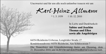 Traueranzeige von Karl-Heinz Allmann von Darmstädter Echo, Odenwälder Echo, Rüsselsheimer Echo, Groß-Gerauer-Echo, Ried Echo