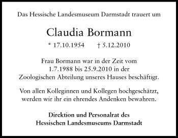 Traueranzeige von Bormann Claudia von Echo-Zeitungen (Gesamtausgabe)
