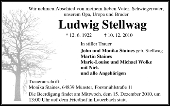 Traueranzeige von Ludwig Stellwag von Odenwälder Echo