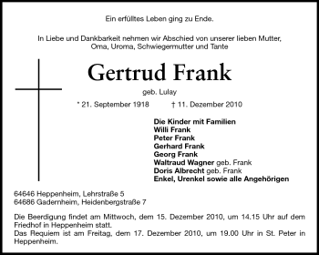 Traueranzeige von Gertrud Frank von Starkenburger Echo