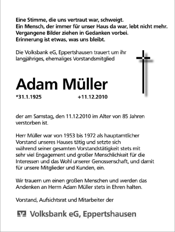 Traueranzeige von Adam Müller von Echo-Zeitungen (Gesamtausgabe)