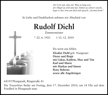 Traueranzeige von Rudolf Diehl von Echo-Zeitungen (Gesamtausgabe)
