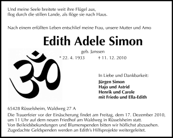 Traueranzeige von Edith Adele Simon von Rüsselsheimer Echo, Groß-Gerauer-Echo, Ried Echo
