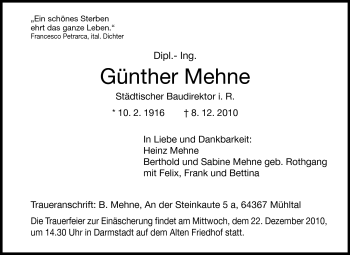 Traueranzeige von Günther Mehne von Echo-Zeitungen (Gesamtausgabe)