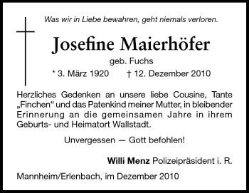 Traueranzeige von Josefine Maierhöfer von Odenwälder Echo