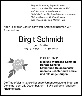Traueranzeige von Birgit Schmidt von Echo-Zeitungen (Gesamtausgabe)