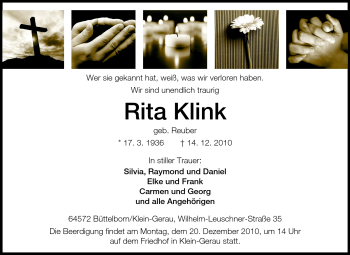 Traueranzeige von Rita Klink von Rüsselsheimer Echo, Groß-Gerauer-Echo, Ried Echo