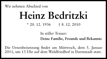 Traueranzeige von Heinz Bedritzki von Darmstädter Echo, Odenwälder Echo, Rüsselsheimer Echo, Groß-Gerauer-Echo, Ried Echo