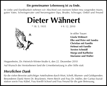Traueranzeige von Dieter Wähnert von Starkenburger Echo