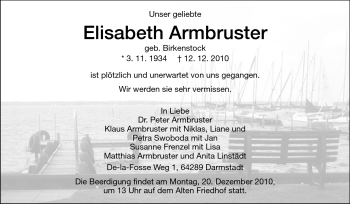 Traueranzeige von Elisabeth Armbruster von Darmstädter Echo, Odenwälder Echo, Rüsselsheimer Echo, Groß-Gerauer-Echo, Ried Echo