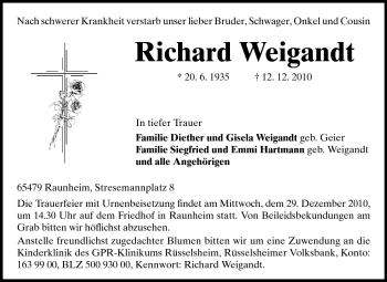 Traueranzeige von Richard Weigandt von Rüsselsheimer Echo, Groß-Gerauer-Echo, Ried Echo