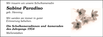 Traueranzeige von Sabine Paradiso von Rüsselsheimer Echo, Groß-Gerauer-Echo, Ried Echo