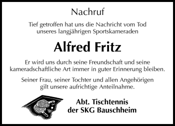 Traueranzeige von Alfred Fritz von Rüsselsheimer Echo, Groß-Gerauer-Echo, Ried Echo
