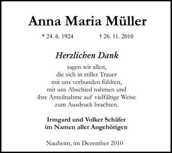 Traueranzeige von Anna Maria Müller von Rüsselsheimer Echo, Groß-Gerauer-Echo, Ried Echo
