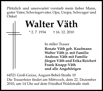 Traueranzeige von Walter Väth von Rüsselsheimer Echo, Groß-Gerauer-Echo, Ried Echo