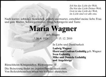 Traueranzeige von Maria Wagner von Rüsselsheimer Echo, Groß-Gerauer-Echo, Ried Echo