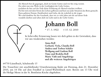 Traueranzeige von Johann Boll von Odenwälder Echo