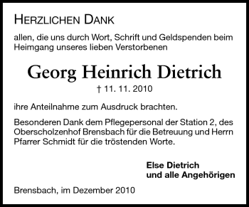Traueranzeige von Georg Heinrich Dietrich von Echo-Zeitungen (Gesamtausgabe)