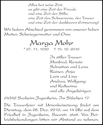 Traueranzeige von Marga Mohr von Echo-Zeitungen (Gesamtausgabe)